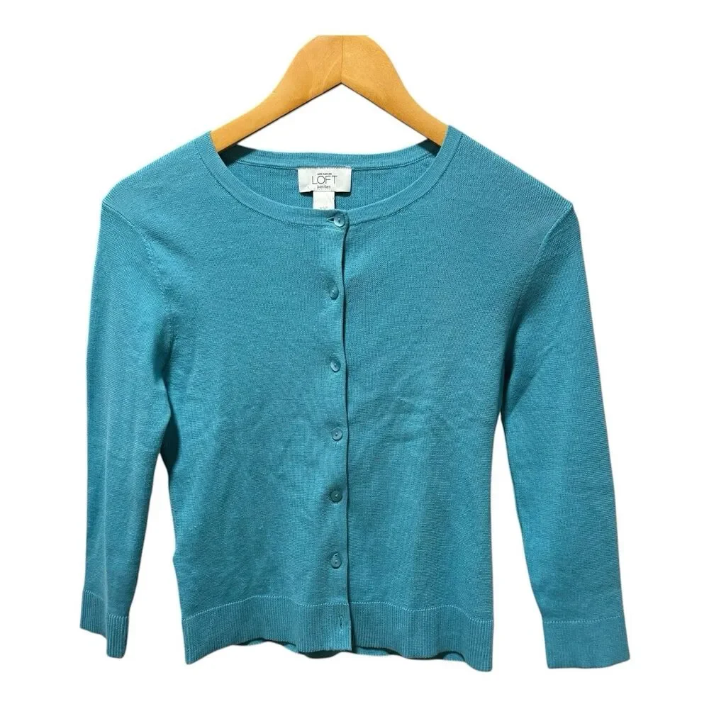 Ann Taylor Sweater‎ Womens Petite Extra Small Blue Teal Cardigan Twee - Picture 2 of 5